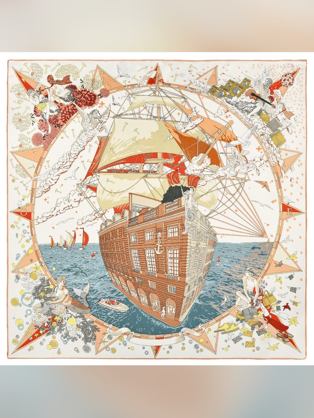 Nautical Ship Illustration mulberry, silk Scarf in Coral, Blue & Cream